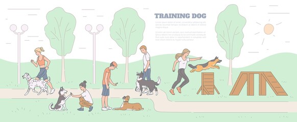 Training dog with pets and trainers on playground, sketch vector illustration.