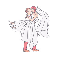 Groom man carrying a bride in white dress, sketch vector illustration isolated.
