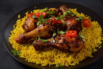 Tandoori chicken with fresh chicken dough and crispy Indian spices and yellow wild rice cooked with curcuma turmeric spice