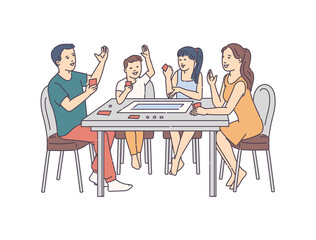 Happy family playing board games, sketch cartoon vector illustration isolated.