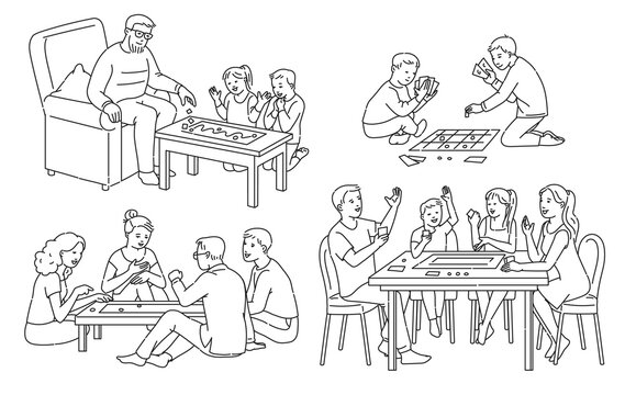 Line art set of people playing board games cartoon vector illustration isolated.