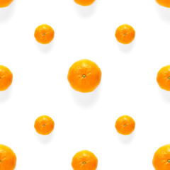 Fresh mandarine Seamles pattern. Ripe fruit tangerines seamless pattern. Fresh citrus isolated on white background pattern. Flat lay of Clementine.