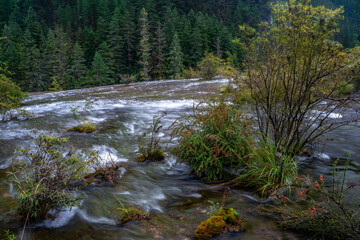 The small waterfalls at pearl beach, in Jiuzhai Valley Park, Sichuan, China.