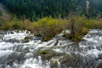 The small waterfalls at pearl beach, in Jiuzhai Valley Park, Sichuan, China.