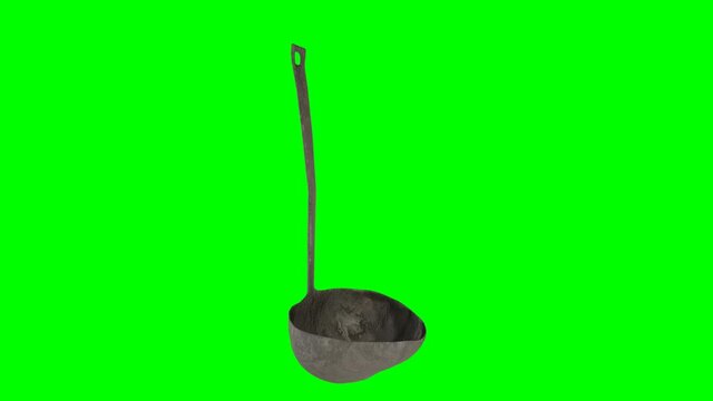 Animated spinning hand made iron or steel bevel or rounded triangle kitchen soup ladle. Isolated and loop able on green background.