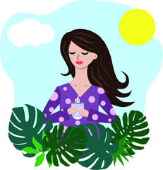 Obraz na płótnie Canvas Vector illustration of a girl with coffee on the background of a sunny morning in the leaves of tropical plants