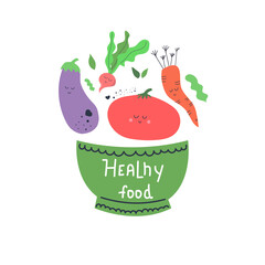 Hand drawn bowl or dish with cute vegetables, eggplant, tomato, radish, carrot and text Healthy food. Flat illustration for diet, vegan concept design.