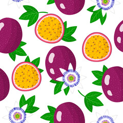 Vector cartoon seamless pattern with Passiflora or Passion fruit exotic fruits, flowers and leafs on white background