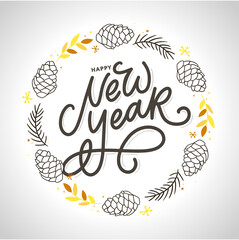 Happy New Year 2021 Beautiful greeting card poster with calligraphy black text word gold fireworks. Hand drawn design elements. Handwritten modern brush lettering white background isolated vector