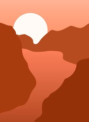 Abstract background with landscape. Mountains and sun. Aesthetic and minimalistic art print made in a modern style. Warm pastel colors. Flat vector illustration.