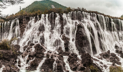 Panorama view of Nuorilang waterfall in Jiuzhai Valley, Sichuan, China.
