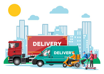 Set of delivery man on van truck, scooter, motorbike, bicycle. Fast and free delivery in city. Male courier with parcel box with goods products, food. Cargo, logistic. Cartoon flat vector illustration