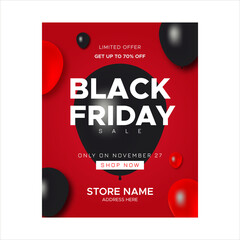 Black friday sale horizontal promotion poster banner with glossy balloons in red background Place for text Vector illustration