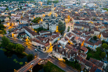 Fototapeta na wymiar Night aerial view of Perigueux cityscape and cathedral of St Front in Dordogne department, southwestern France