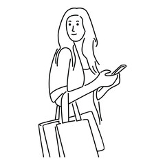Beautiful shopping girl, line art illustration