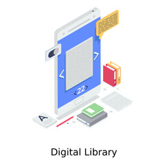
Digital library, books inside a mobile isometric vector 
