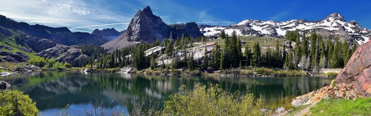 Lake Blanche Hiking Trail panorama views. Wasatch Front Rocky Mountains, Twin Peaks Wilderness,  Wasatch National Forest in Big Cottonwood Canyon in Salt Lake County Utah. United States. - Powered by Adobe