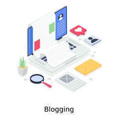 
Web writing concept, blogging and web article, content writing illustration in isometric design 
