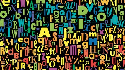 Confused letters of the alphabet scrolling, colorful background. Cartoon, 2D animation. Looping footage 4k - Powered by Adobe