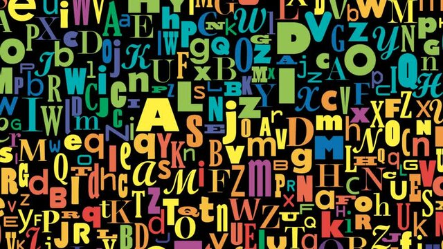 Confused letters of the alphabet scrolling, colorful background. Cartoon, 2D animation. Looping footage 4k