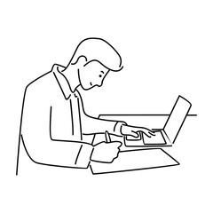 Young man work with laptop, line art illustration