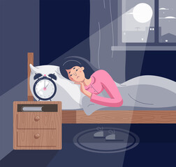 Sleepless woman lying on bed with open eyes. Girl character suffers from insomnia. Tired female insomniac trying fall asleep in night moonlighted bedroom. Vector illustration in flat cartoon style