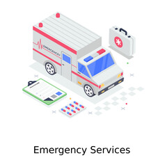 
Isometric ambulance, emergency services vector style 
