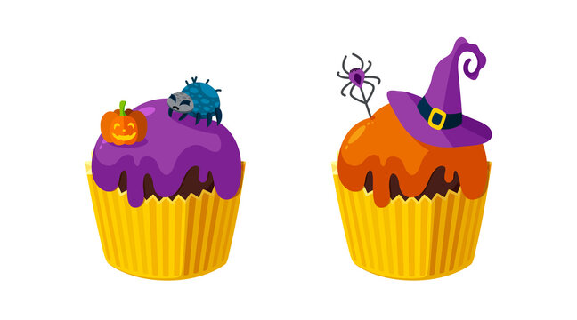Halloween cupcakes with spiders, pumpkin and witch hat. Colorful dessert for spooky Halloween party. Vector illustration in cute cartoon style