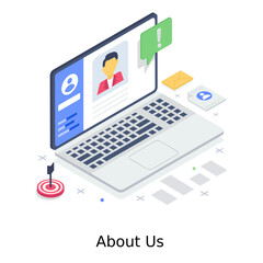 
About us illustration in editable style, contact info
