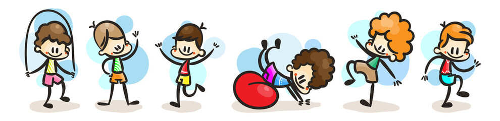 Collection of happy cartoon kids, colored hand drawn doodle outline style