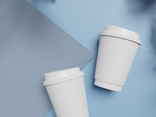 Paper coffee cup mock-up with Monstera leaves shadow on two tone background. 3D rendering.