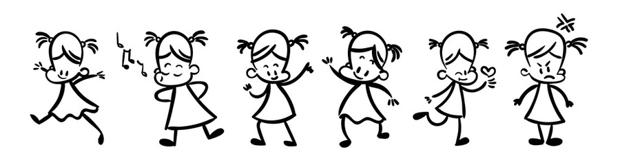 Collection of happy cartoon kids, lined hand drawn doodle outline style