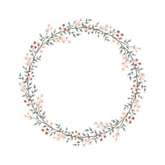 Watercolor digital illustration. Botanical wreath of green branches and leaves with flowers and polka dots. Floral Design elements.
