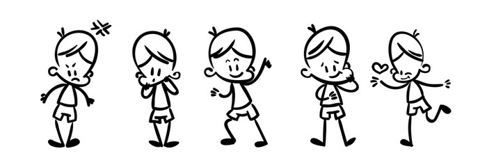 Collection of happy cartoon kids, lined hand drawn doodle outline style