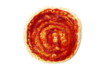 Rolled out pizza dough with sauce isolated on white background