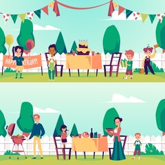 Banners with birthday or a barbeque party on backyard a vector flat illustration