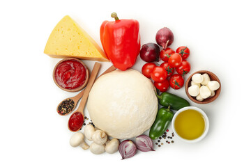 Dough and ingredients for cooking pizza isolated on white background