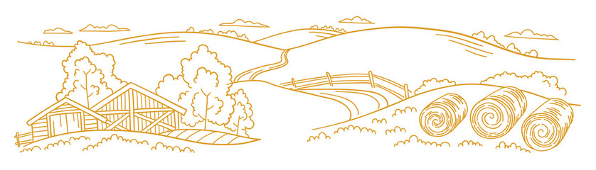 The farm is livestock. Rural landscape. Hay fodder in the barnyard. Village field and the hills. Hand drawn sketch. Countryside. Contour vector line. Horizontal banner.