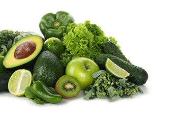Bunch of green vegetables isolated on white background
