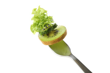 Fork with salad, cucumber and kiwi isolated on white background