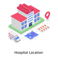 
Hospital location in isometric design, editable vector 
