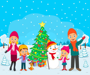 happy family, boy,girl,  parents, christmas tree and snowman on the winter background