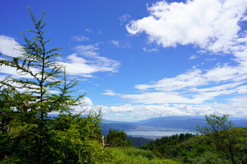 Obraz na płótnie Canvas Lake Suwa and Mt. Fuji overlooking the Takabotchi plateau in fine weather