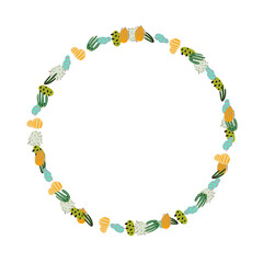 Abstract round frame made of flowers, corals and branches. Marine plants. Vector wreath.