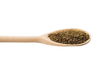 Oregano spice in wooden spoon isolated.