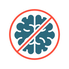 Brain with prohibition sign, stop thinking colored icon. Transplantation, amputation internal organ, no brain, transplant rejection symbol