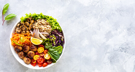 Grilled chicken, rice, spicy chickpeas, avocado, cabbage, pepper buddha bowl on white background, top view. Delicious balanced food concept