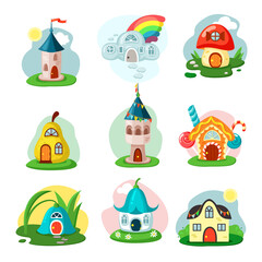 Fantasy fairy houses set. Cozy hut made of pear veranda flower bud roof mushroom door and windows small cottage colored flags gingerbread bungalow with sweets raindrops manor rainbow. Vector cartoon.