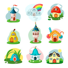 Fototapeta premium Fantasy fairy houses set. Cozy hut made of pear veranda flower bud roof mushroom door and windows small cottage colored flags gingerbread bungalow with sweets raindrops manor rainbow. Vector cartoon.