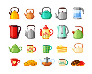 Teapots and electric kettles large set. Metal rounded shapes heated gas wood cups with hot drink and sweets modern plastic devices for quickly boiling water ceramic glass. Cooking cartoon vector.